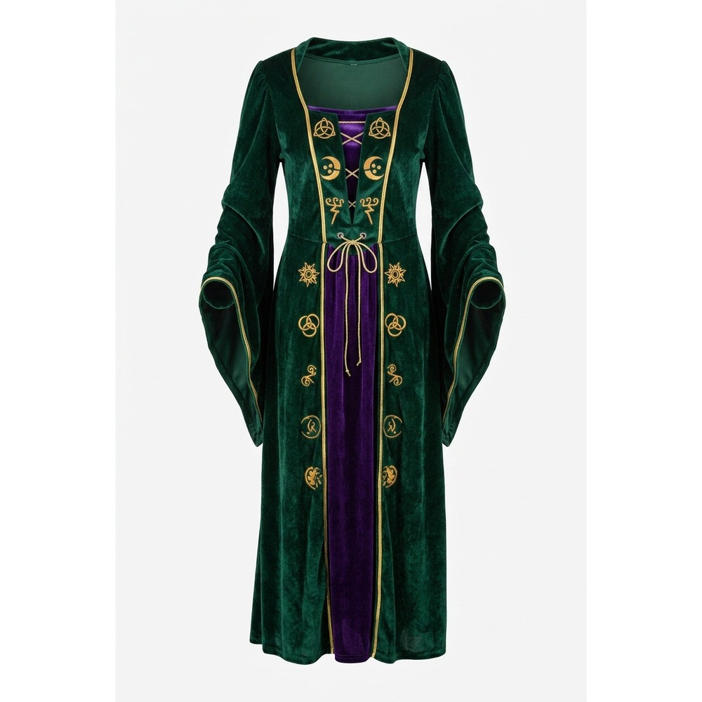 Youth Velvety Wizard Dress Green Purple Gold Celtic Moon Costume Size 12
